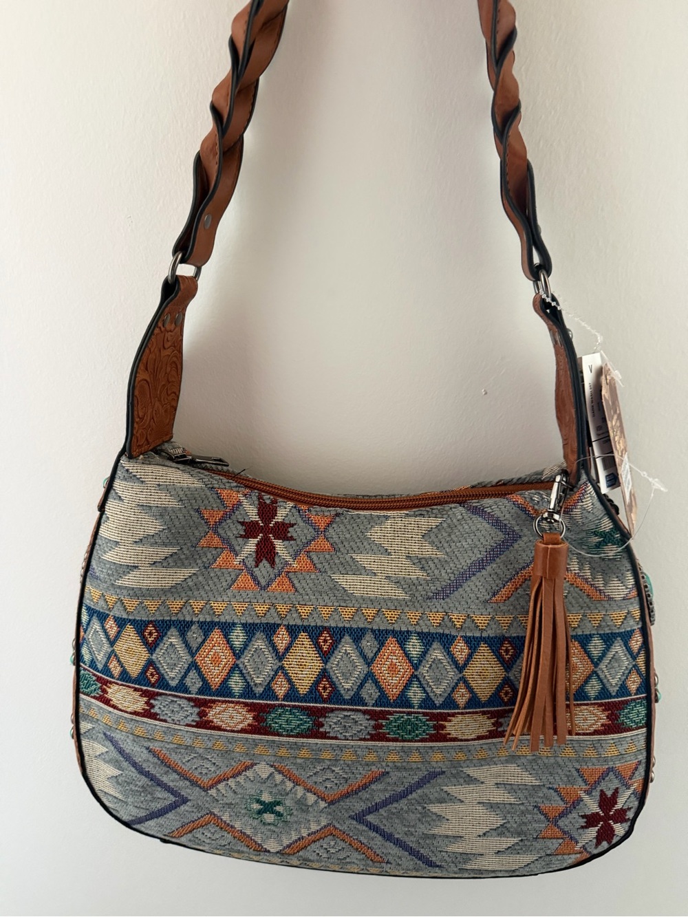 Boho Aztec Woven Shoulder Bag with Braided Strap - Tan & Blue